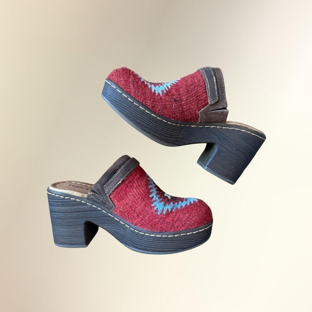 Born Red Wool Platform Clogs with Turquoise Stitching